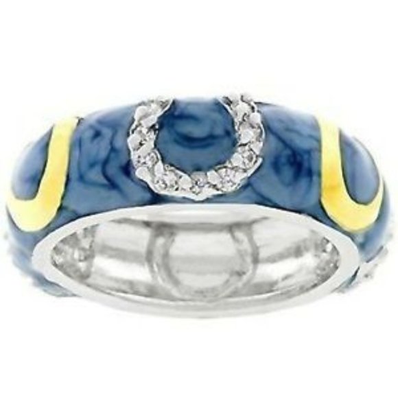 Silver Gold Blue Enamel Ring Band Size 9 Eternity Rhodium Plated Cubic Zirconia - Picture 1 of 8
